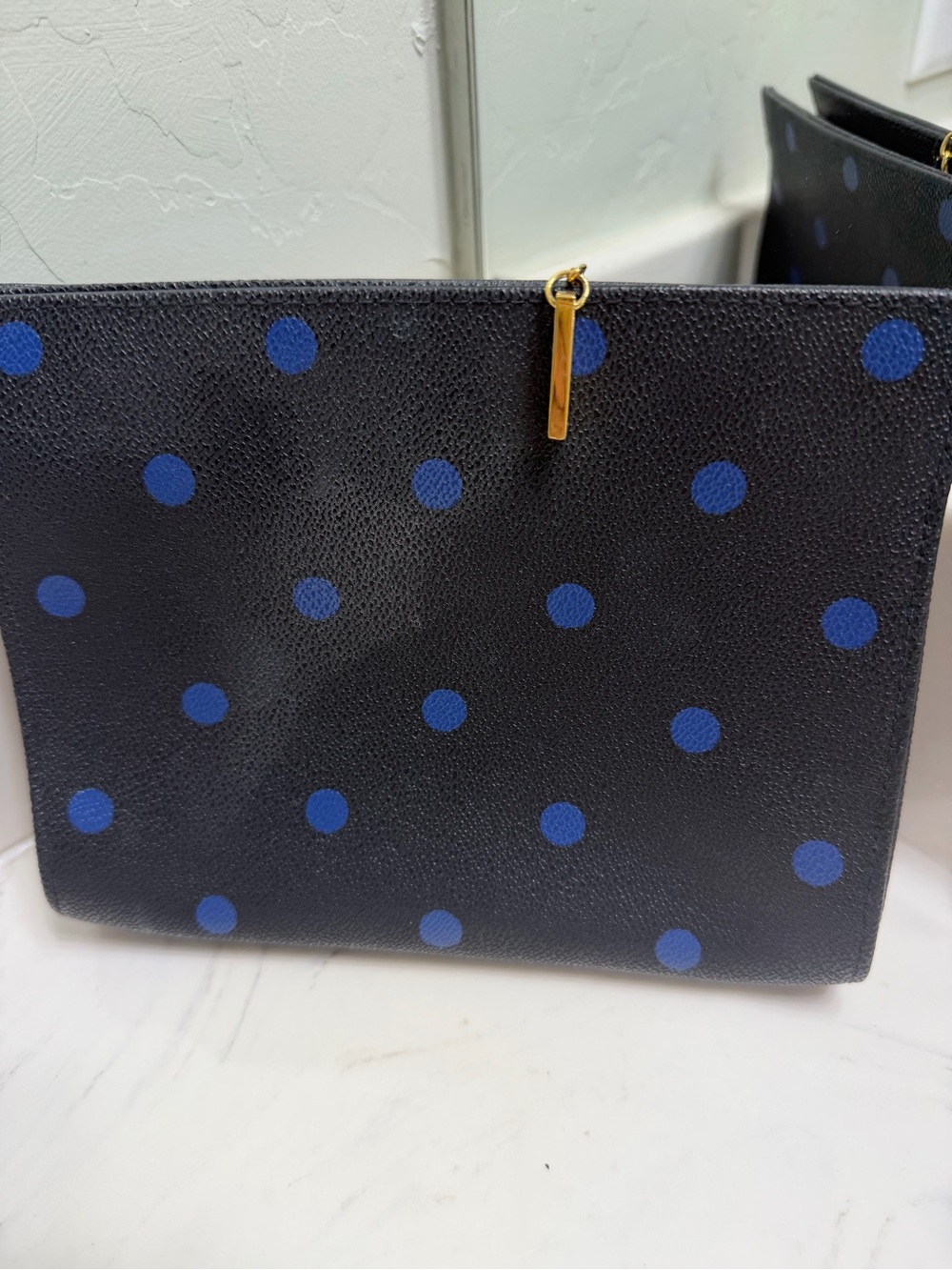 Black Pouch with Blue Polka Dots and Gold Zip Pull